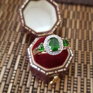925 Sterling Silver Ring, Genuine Green Chrome Diopside Ring, Size S US 9, Gold - Picture 1 of 8