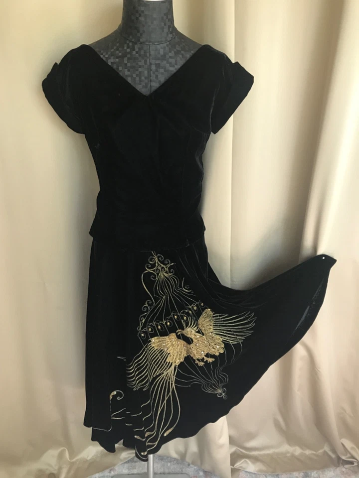Vintage Joan Roberts CA golden Peacock embroidered on black velvet skirt & top - Image 1 of 4