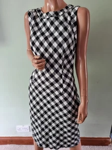 Hobbs 10 Monochrome Gingham Check Cotton Linen Summer Dress Tie Front or Back - Picture 1 of 4