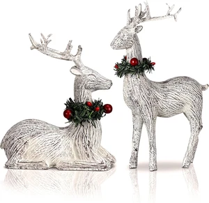 2 Pcs Vintage Resin Reindeer Decorations – Rustic Christmas Figurines - Picture 1 of 12