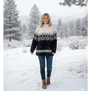 Vintage Eddie Bauer Black and White Fair Isles Turtleneck Sweater XXL - Picture 1 of 5