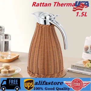 1,5L Rattan Thermokanne Kaffee Doppelwandig Vakuum Isoliert Kanne - Bild 1 von 10