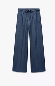 Zara Women's ELASTIC WAIST WIDE LEG PANTS Size S Blue - Picture 1 of 2