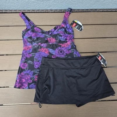 TYR Primrose Purple Floral Twisted Tank W/ Solid Black Della Swim Skort SZ 8 New - Image 1 of 4
