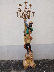 MORO DI VENEZIA - SCULTURA IN LEGNO LACCATA E DORATA - CON CANDELABRO - 1940 - Foto 1 di 20