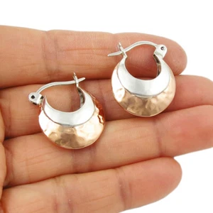 Creole Two Tone Earrings 925 Sterling Silver and Hammered Copper Hoops - Picture 1 of 5