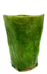 Vtg Art Pottery Lime Green Vine Pattern 10.5" Heavy Stoneware Vase Signed CM - Picture 1 of 9