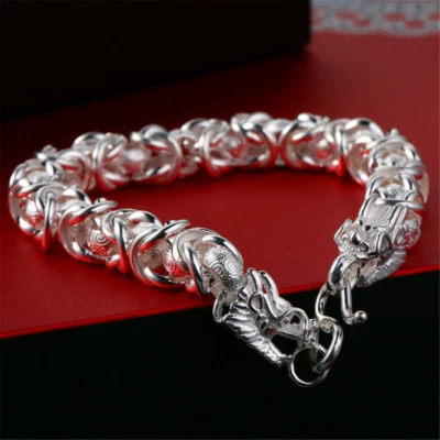 Pure S999 Sterling Silver Chain Men Women Dragon Head Link Bracelet New - Image 1 of 4