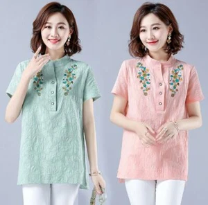 Blusa Camisa Top Mujer Retro Étnica Bordada Lino Algodón Manga Corta - Imagen 1 de 14