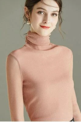 Maglietta donna pizzo manica lunga maglietta glitter top rosa basic festa - Immagine 1 di 4