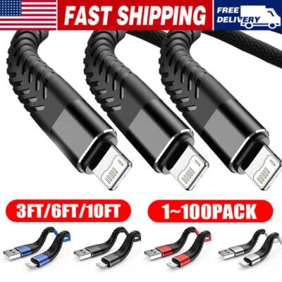 Braided Fast Charger Cable Heavy Duty USB lot Cord For iPhone 14 13 12 11 X XR 8 - Image 1 of 4