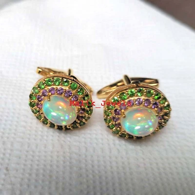 Gemelos de plata de ley 925 chapados en oro de piedra de ópalo etíope natural y circonita cúbica #A90 Foto 1 de 4