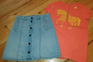 Crazy 8 peach gold foil unicorn top & denim skirt set 1 NWT XL 14 girls' - Picture 1 of 2