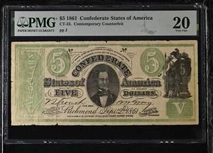 CT-33 $5 1861 Confederate States Banknote Contemporary War Counterfeit, PMG VF20 - Picture 1 of 2