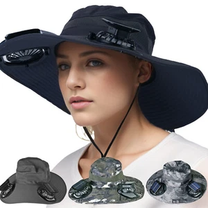 Wide Brim USB/Solar Charging Fan Outdoor Hat for Fishing Garden Hiking UPF50+ - Picture 1 of 29