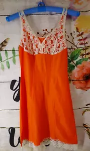 Vintage Full Slip Dress Size 40 Pink Coral Orange Wide Lace Trim Princess Seams - Picture 1 of 12