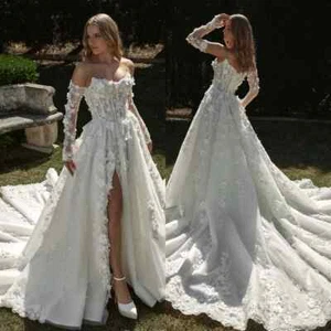 Elegant Applique Wedding Dresses Sweetheart Long Sleeves Bridal Gown Sweep Train - Picture 1 of 10