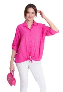Italian Lagenlook Button Through Tie Front Stud Embellished Collared Shirt. - Picture 1 of 17