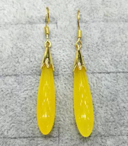 Pendientes colgantes de gancho largo con gota de agua amarilla multicolor ágata de jade 18 kgp - Imagen 1 de 24