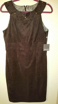 Muse Sleeveless Faux Suede Lined Dress Dark Chocolate Stud Accent Size 12 NWT - Image 1 of 4
