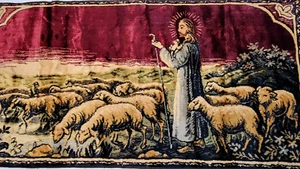 Jesus Good Shepherd Lost Sheep Retro Colorful Vtg Wall Art Tapestry Halo Staff - Picture 1 of 11