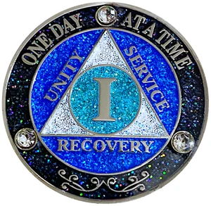 AA 1 Year Crystals & Glitter Medallion, Silver, Blue Color & 3 Crystals - Imagen 1 de 2