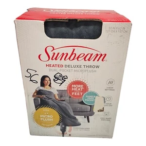 Sunbeam Electric Heated Cozy Toes Throw Blanket 50"X60" Gray~ New - Picture 1 of 9