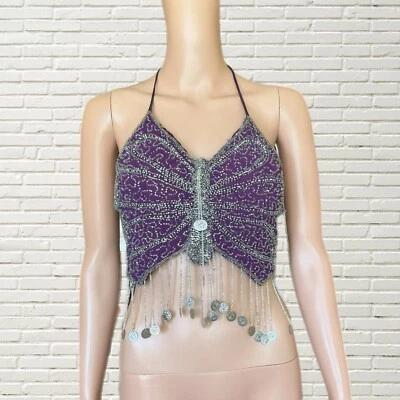 Vintage 90s Y2K Beaded Butterfly Halter Top Purple Silk Beaded Fringe - Image 1 of 4