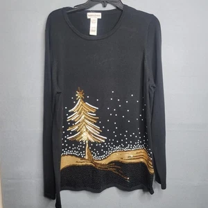 Drapers & Damons Mujer 1X Pullover Negro Navidad Lentejuelas Algodón Rayón - Imagen 1 de 5