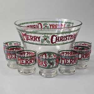 VTG HTF “MERRY CHRISTMAS” Cera Houze Punch Bowl With 7 Glasses See All - Picture 1 of 11