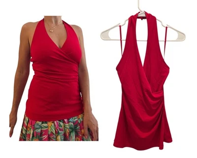 Lauren Ralph Lauren Open Back Halter Top Womens XS Y2K Deep V-neck Red Stretch - Image 1 of 4