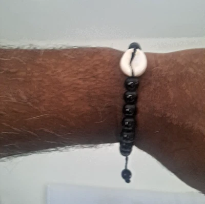 Handmade African Ethnic  Adjustable Black Beads and Sea Shell Wrist Bracelet - Image 1 of 3