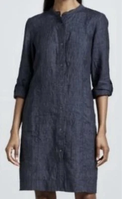 Eileen Fisher Linen Shirt Dress Women M Chambray Gray Roll Tab Coastal Office - Image 1 of 4