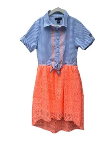 US Polo ASSN Girls Size M 8/10 S/S Preppy High Low Dress Orange Blue Stripes - Picture 1 of 5