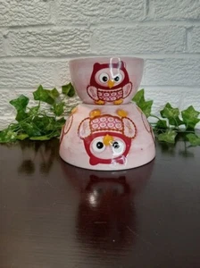 Set Of 2 Temptations By Tara Serving Bowl Small Pink W/ Hoot Owls 6" D and 4" D - Picture 1 of 6