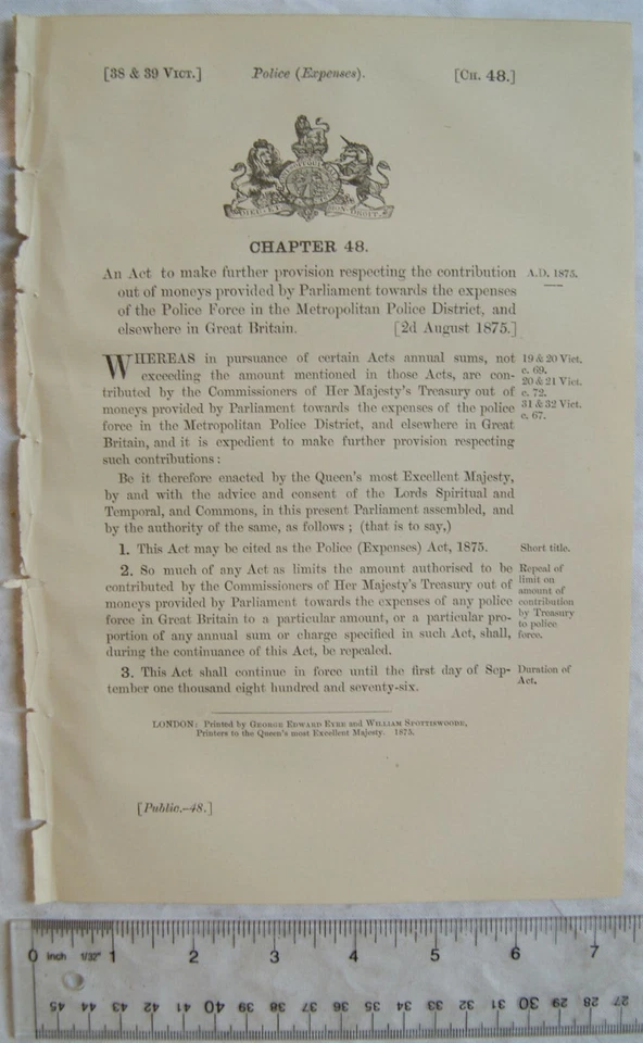 1875 Act of Parliament: expenses Police Force Metropolitan District - Image 1 of 1