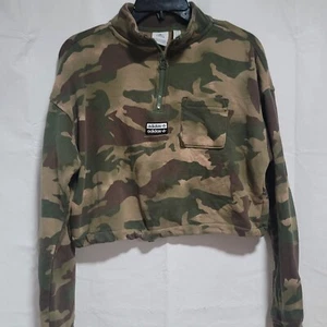 ADIDAS Half Zip Cropped Green Camo Sweater Women Sz Medium Drawstring - Picture 1 of 16