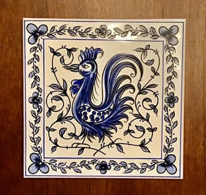 Blue White Azulejo Rooster Tile On Cork Trivet Hand Painted From Portugal  6x6” - Picture 1 of 4