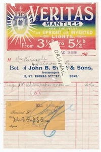 JOHN B. SWIFT IRONMONGER SCARBOROUGH ADVERT BILLHEAD 1909 VERITAS MANTLES - Picture 1 of 1