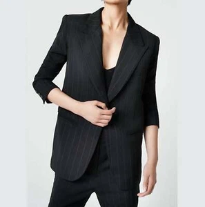 SMYTHE 90's Black White Wide Pinstripe Print Silk Suit Jacket Blazer L - Picture 1 of 3