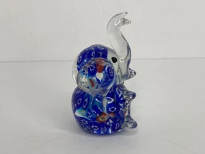 Mille Fiori Elephant Glass Figure Trunks Up 4" Tall Paperweight Floral Blue READ - Picture 1 of 10
