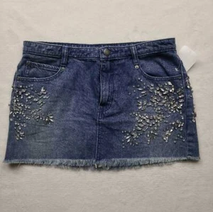 Free People Womens Jean Skirt Blue Mini Distressed Rhinestones Denim Cotton 4 - Picture 1 of 6