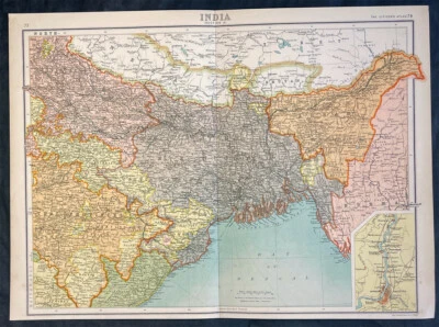 Mapa antiguo grande de John Bartholomew de 1890 noreste de la India, Bangladesh, Bengala Foto 1 de 2