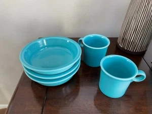 Lot of 2 Fiestaware Coffee Cup Mug Ring 3 Cereal Medium Bowls Turquoise Fiesta - Picture 1 of 2