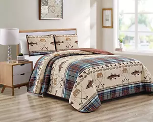 River Fly Fishing Themed Rustic Cabin Lodge Quilt Stitched Bedspread Bedding Set - Picture 1 of 12