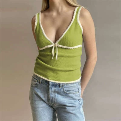Sexy Deep V Women's Clothes Sleeveless Pullover Vest Fashion Bow Lace Slim Vest - Image 1 of 4