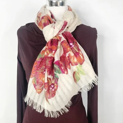 Anthropologie Bufanda Mujer Rojo Naranja Floral Lana Flecos Transparentes Lentejuelas 31 X 72 Foto 1 de 4