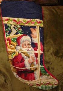 Vintage Santa Claus Christmas Stocking Handmade Needlepoint 21" - Picture 1 of 1