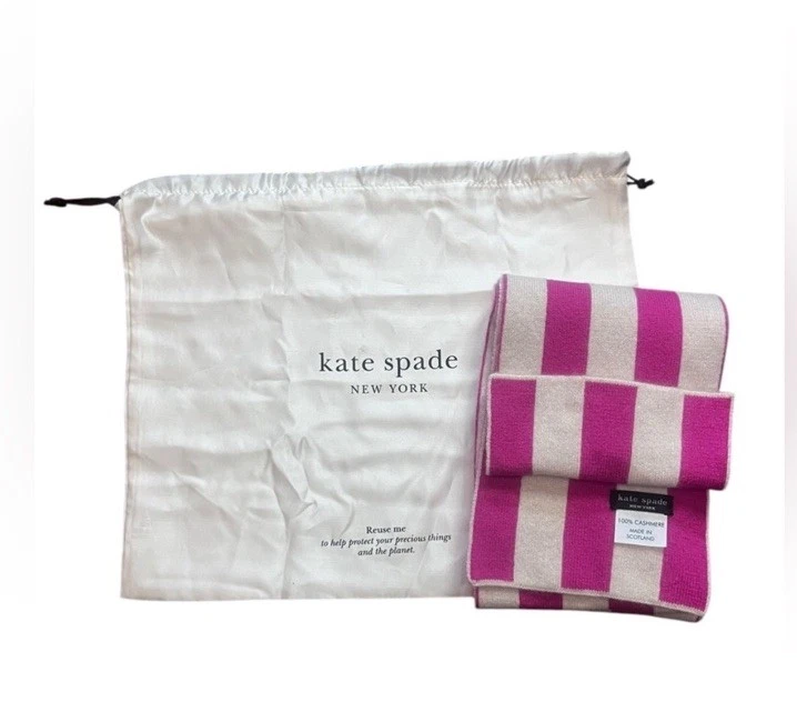 100% Cashmere Made In Scotland Kate Spade Pink And Cream Striped Scarf W/dustbag - Image 1 of 4