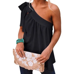 Women Single Shoulder Top Bowknot Lace Up Bust Pleated Sleeveless Summer Blo ZZ1 - Picture 1 of 2